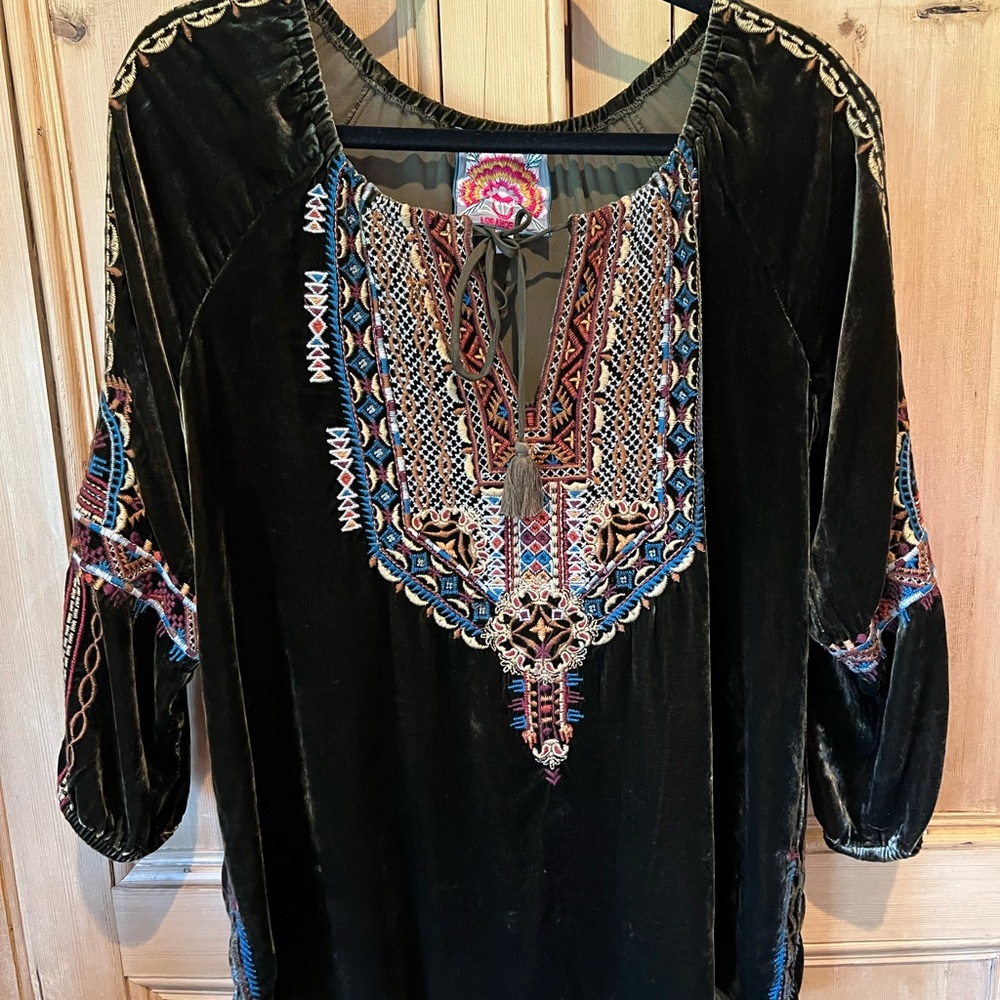 Johnny Was Brown Velvet Blouse with Colorful Embroidery
